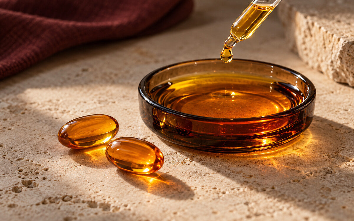 Two amber softgels beside golden liquid in a glass dish
