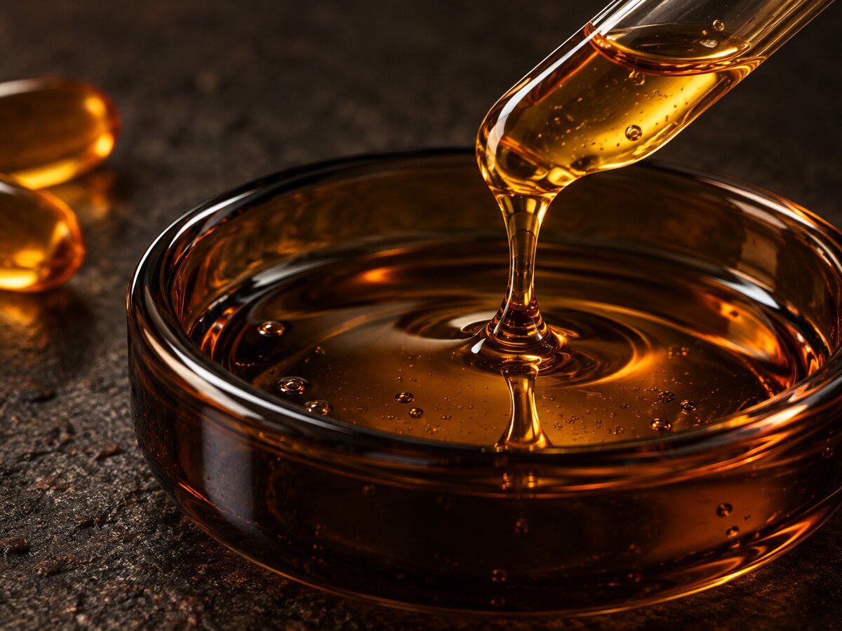 Golden liquid in an amber glass dish