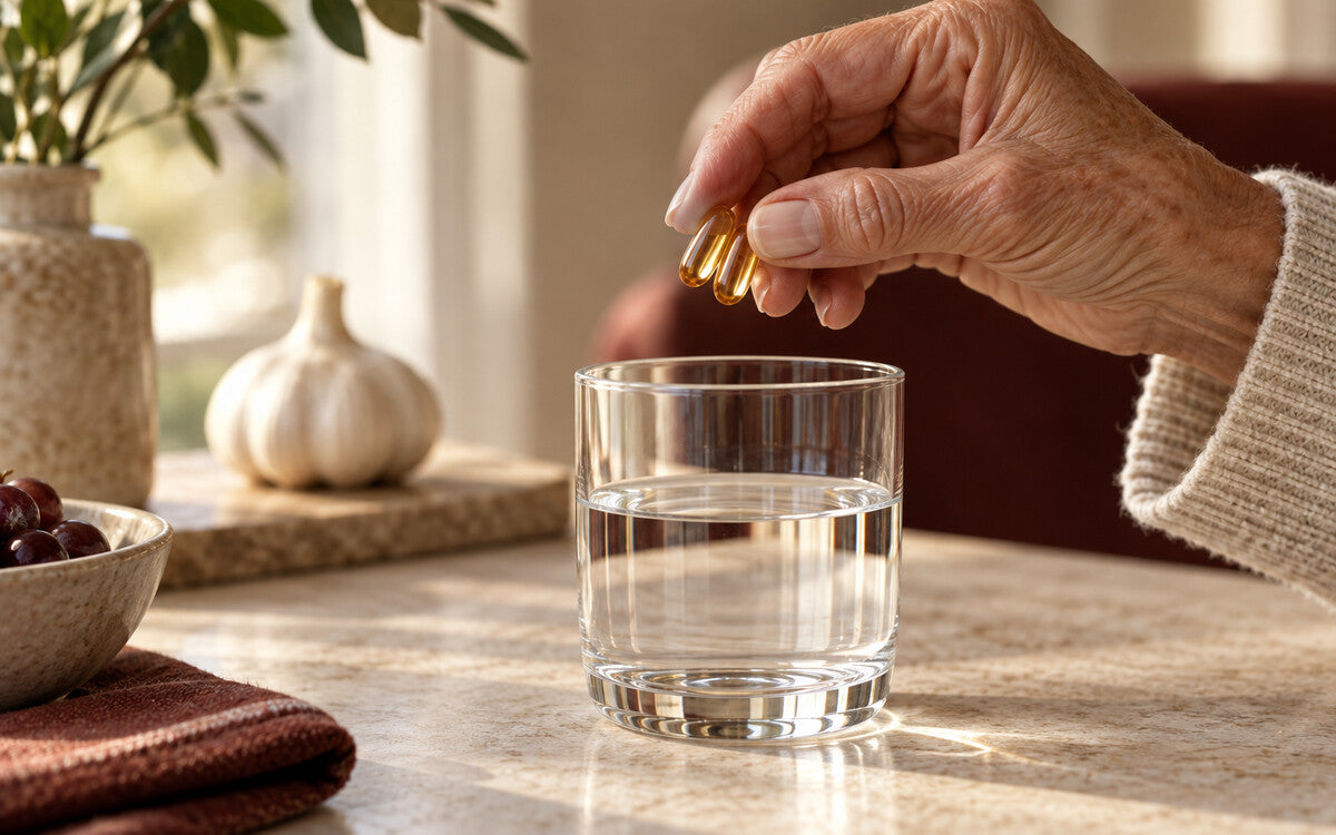 Mature hand holding two softgels beside a glass of water