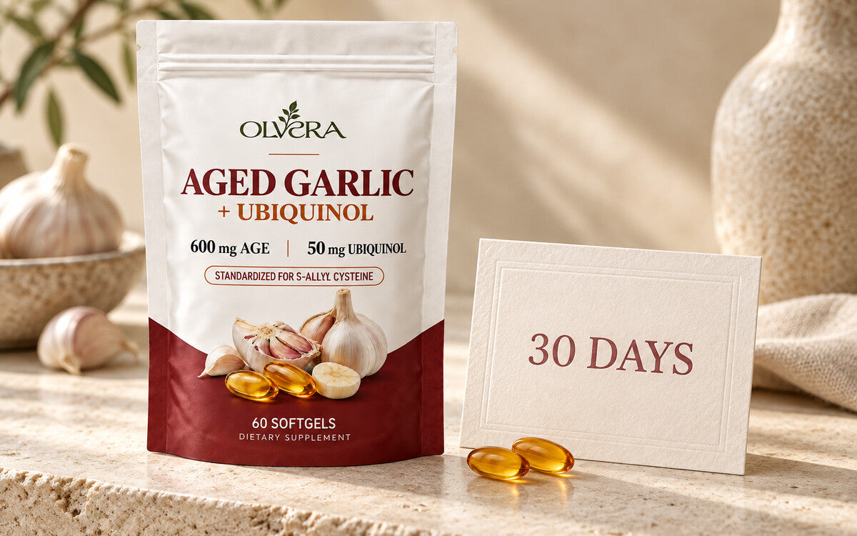 Olvera pouch, two softgels and a paper card reading 30 DAYS