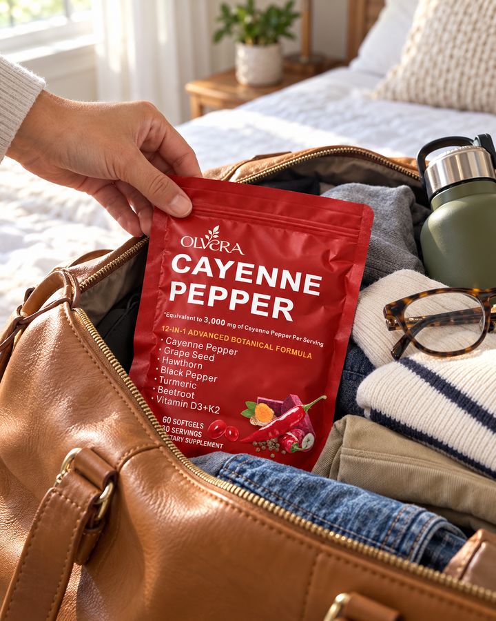 Olvera Cayenne pouch in an everyday bag