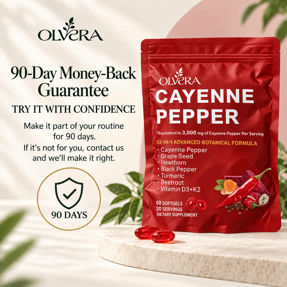 Olvera Cayenne Pepper pouch and 90-day money-back guarantee.