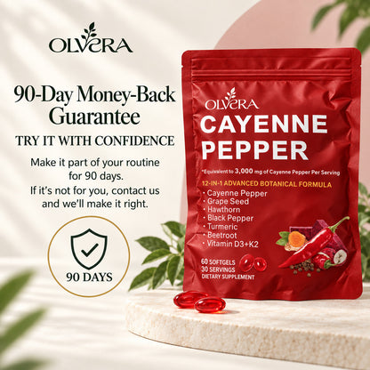 Olvera Cayenne Pepper pouch and 90-day money-back guarantee.