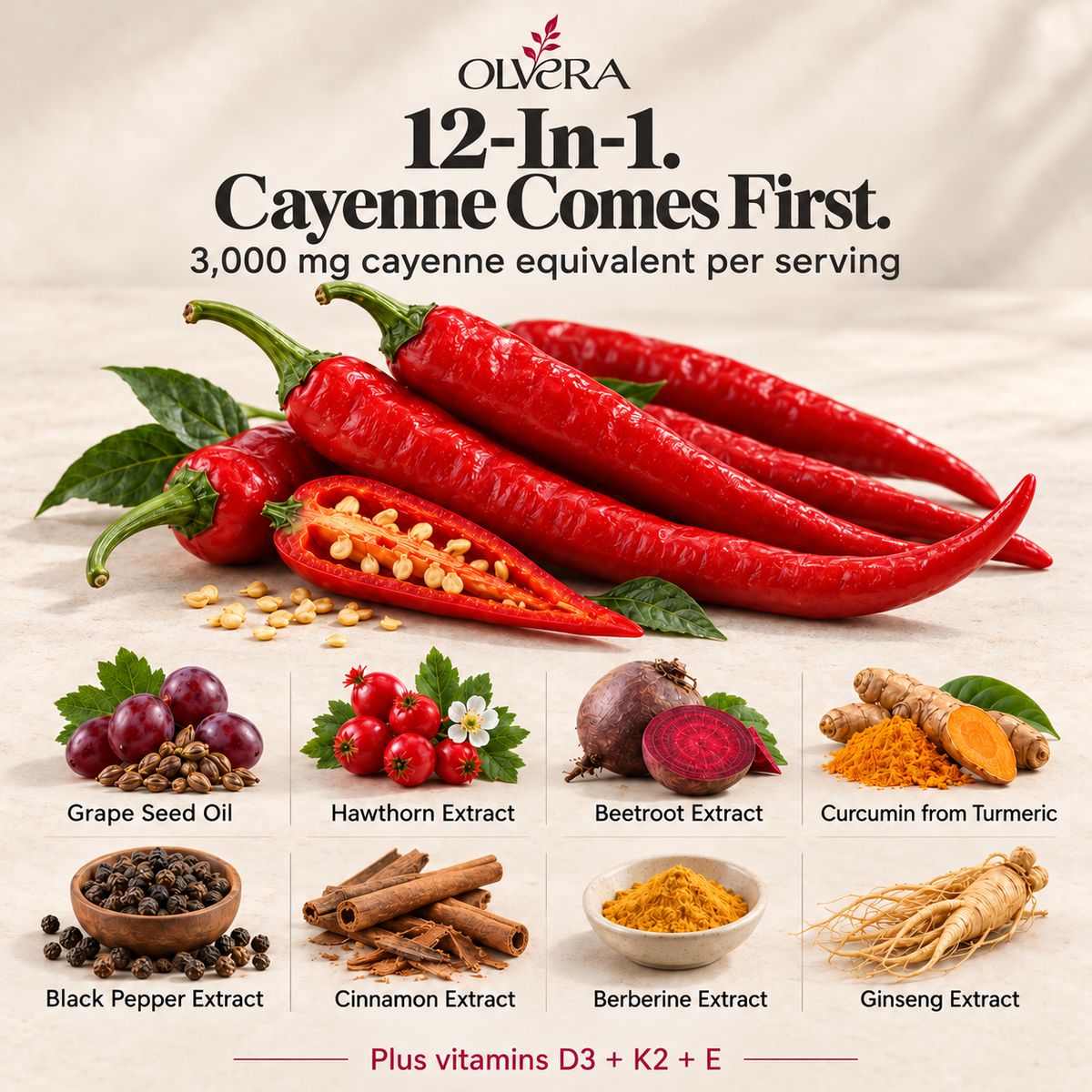 Olvera 12-in-1 formula: cayenne pepper leads, with grape seed oil, hawthorn, beetroot, curcumin, black pepper, cinnamon, berberine, ginseng and vitamins D3, K2 and E.
