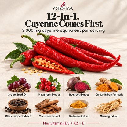 Olvera 12-in-1 formula: cayenne pepper leads, with grape seed oil, hawthorn, beetroot, curcumin, black pepper, cinnamon, berberine, ginseng and vitamins D3, K2 and E.