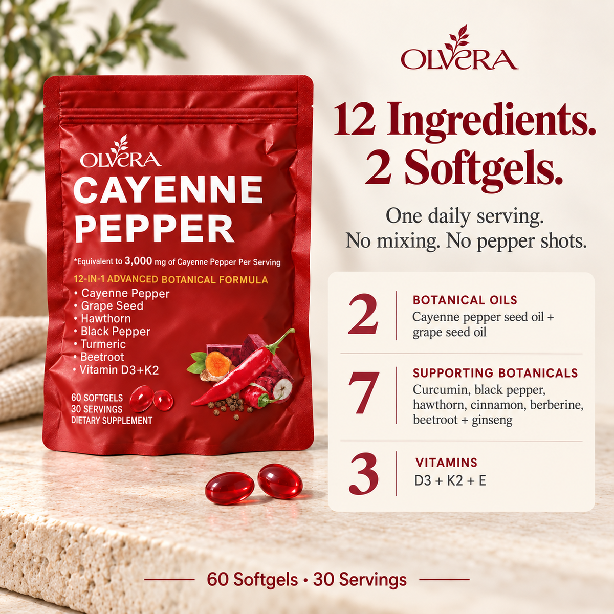 Olvera Cayenne pouch with two softgels: 12 active ingredients grouped into two botanical oils, seven supporting botanicals and vitamins D3, K2 and E. 60 softgels, 30 servings.