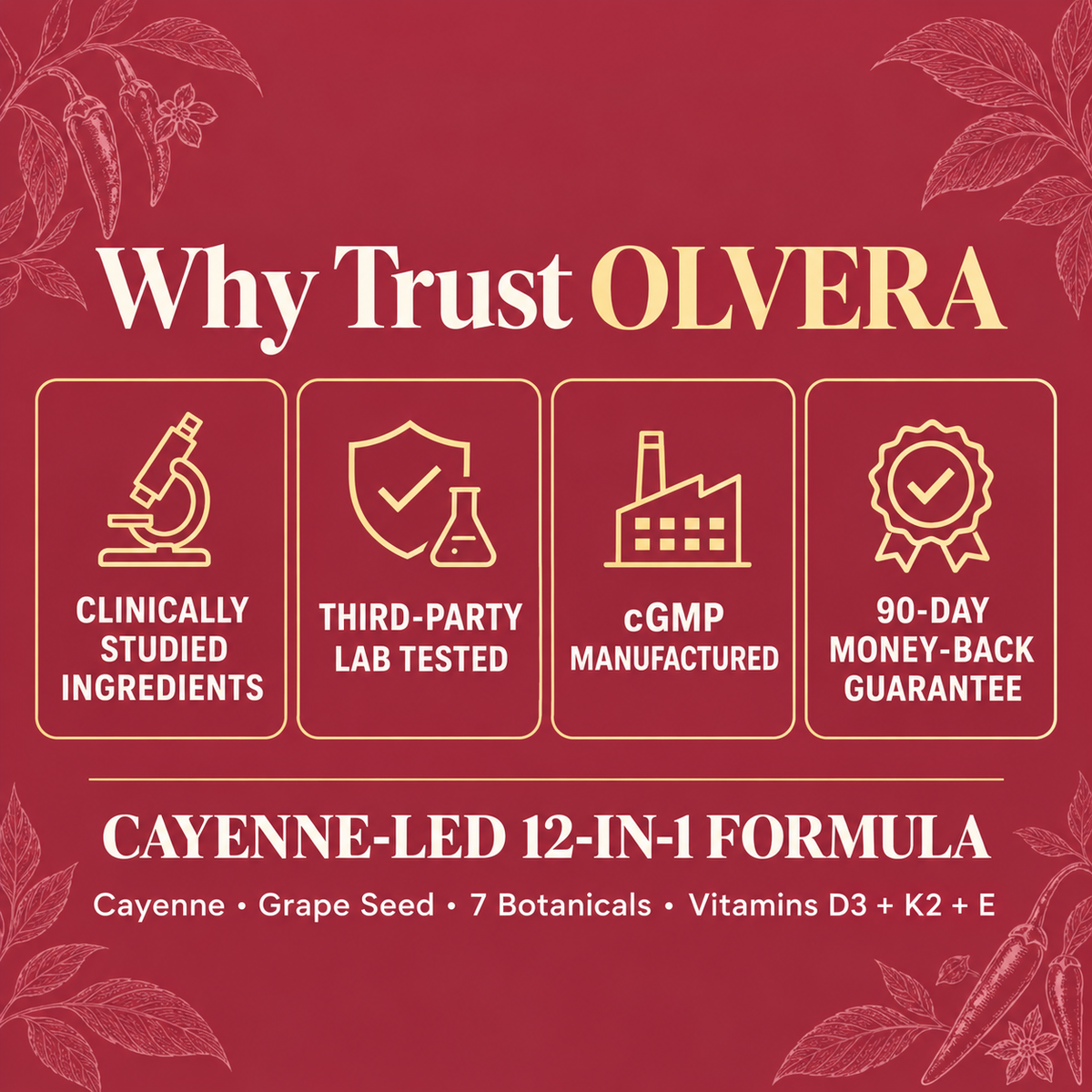 Why trust Olvera Cayenne: clinically studied ingredients, third-party lab tested, cGMP manufactured and a 90-day money-back guarantee. Cayenne-led 12-in-1 formula.