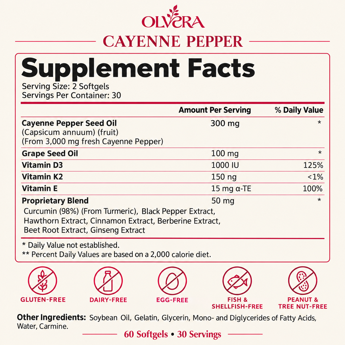 Olvera Cayenne Pepper Supplement Facts for two softgels and 30 servings, with ingredient amounts, daily values, free-of badges and the separate other-ingredients list.