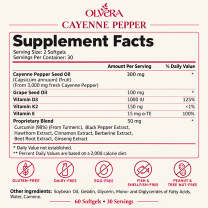 Olvera Cayenne Pepper Supplement Facts for two softgels and 30 servings, with ingredient amounts, daily values, free-of badges and the separate other-ingredients list.