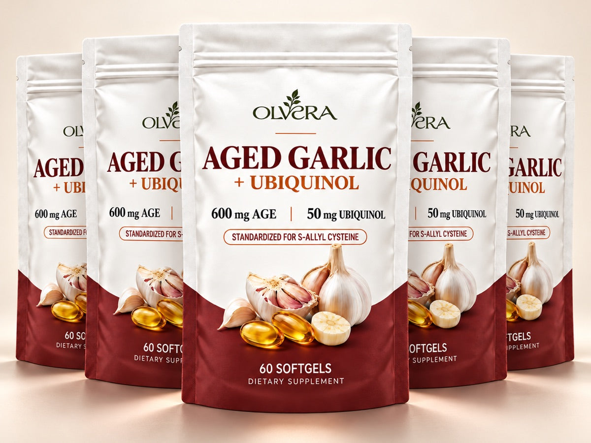 Olvera Aged Garlic + Ubiquinol pouches in a row