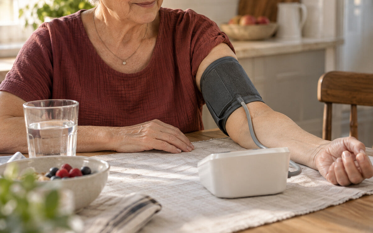 Mature adult using an upper-arm blood-pressure cuff at home