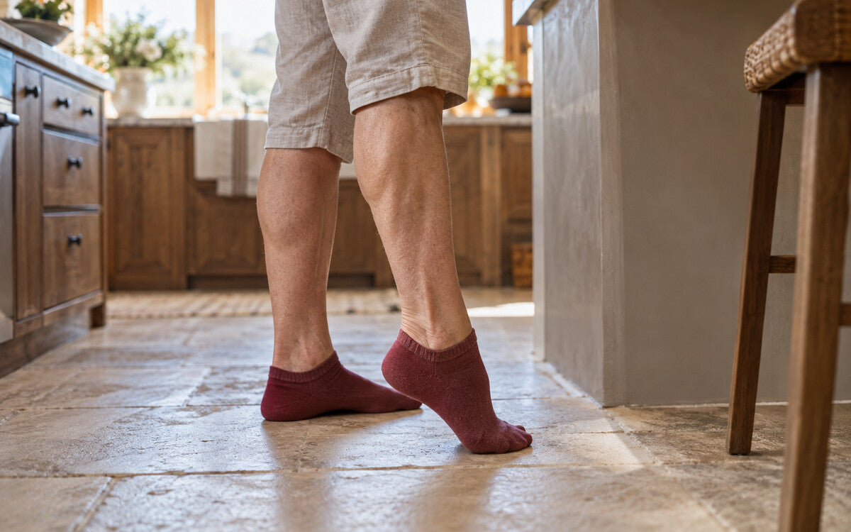 Mature adult raising a heel during gentle movement at home