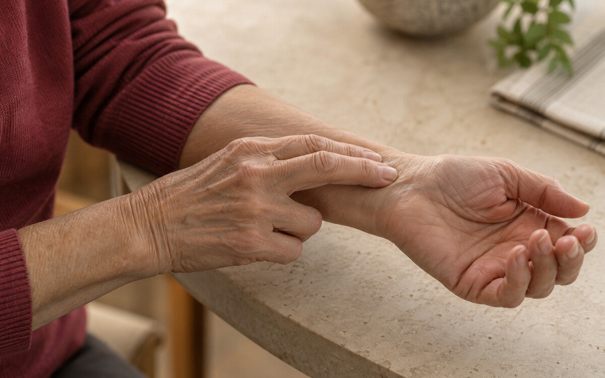 Mature adult checking the pulse at their wrist