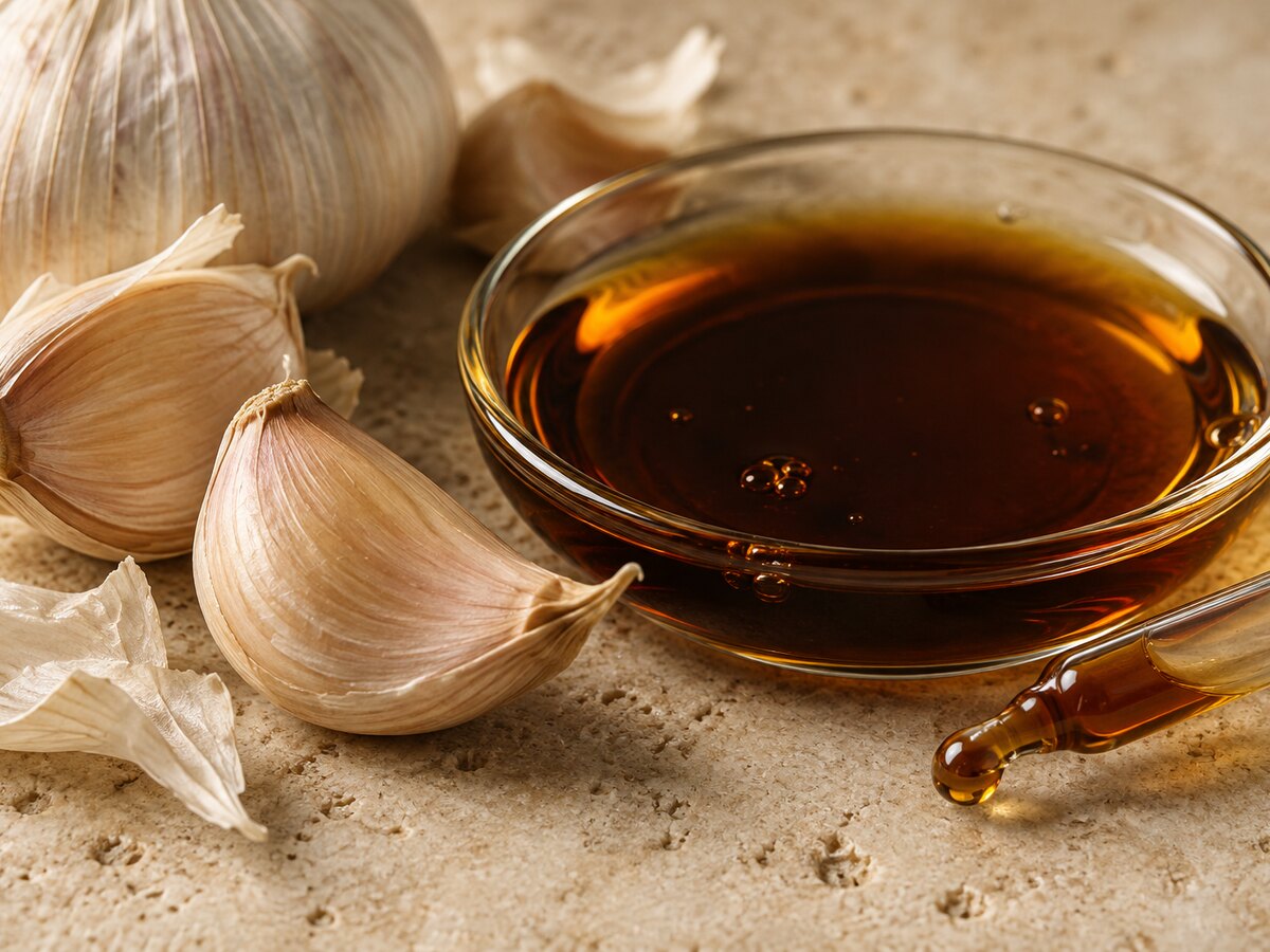 Garlic cloves beside a glass dish of amber extract