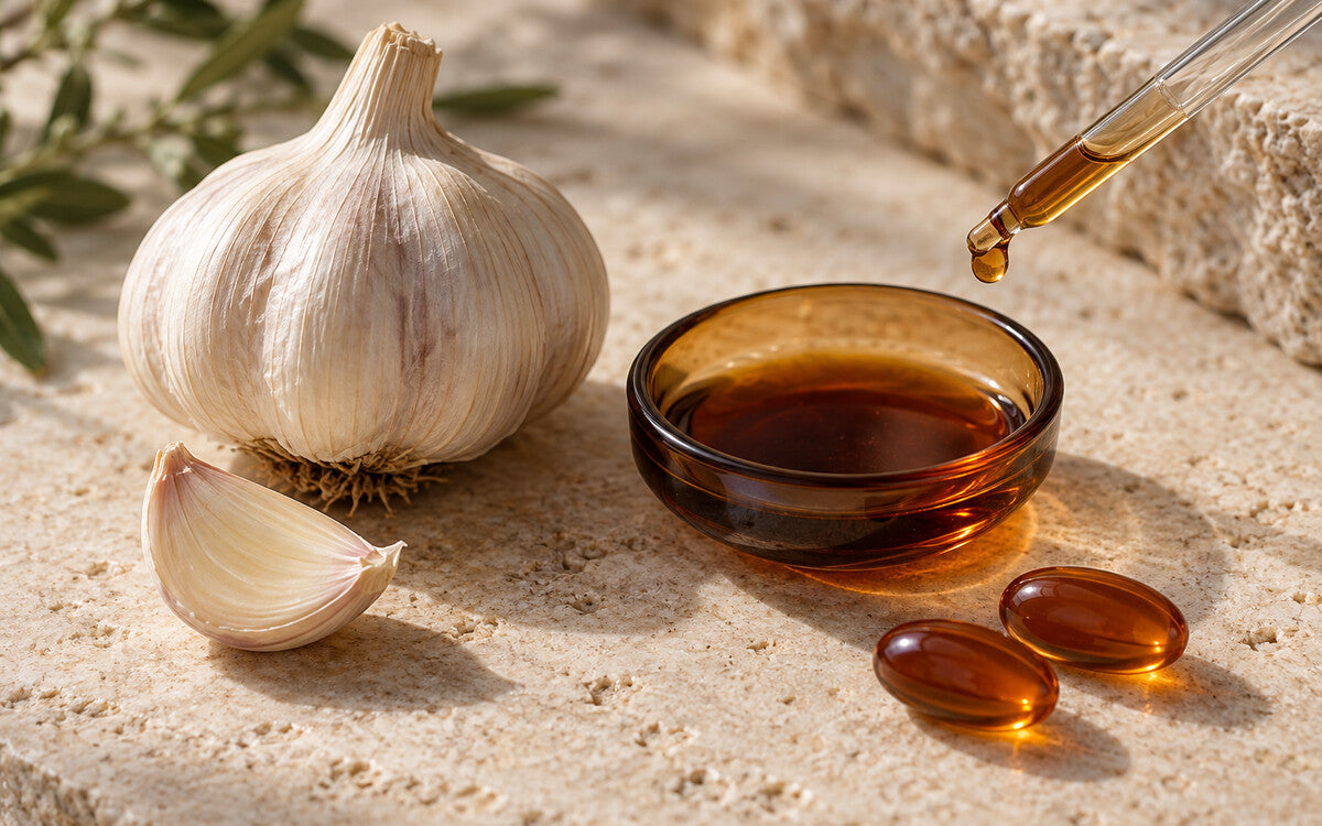 Pale garlic, amber extract in a glass dish and two softgels