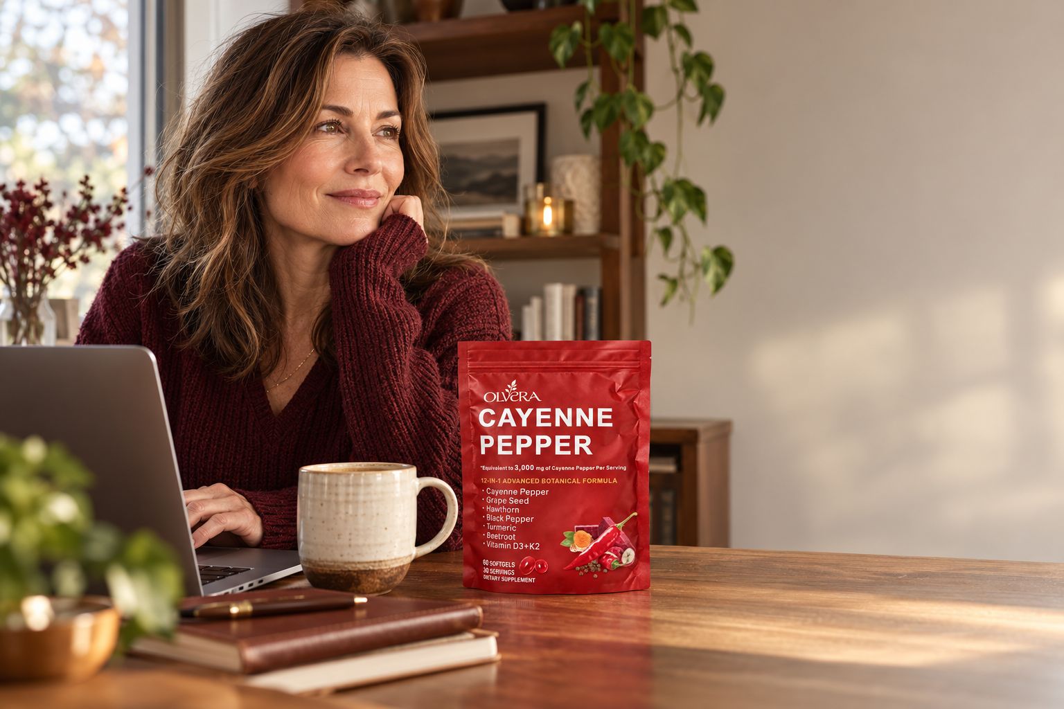 Illustrative home lifestyle photograph of an adult woman at a desk beside an Olvera Cayenne Pepper pouch.