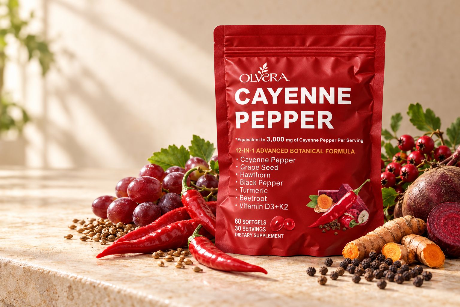 Botanicals beside an Olvera Cayenne pouch