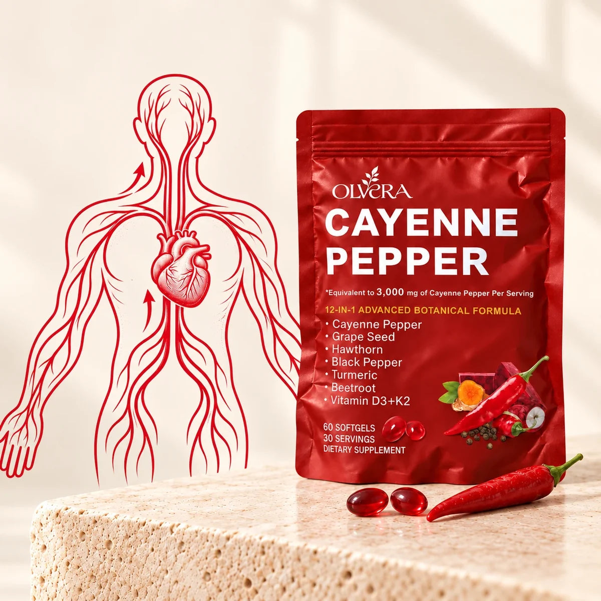 Red line illustration of the circulatory system and heart beside an Olvera Cayenne Pepper pouch, two softgels and a fresh cayenne pepper