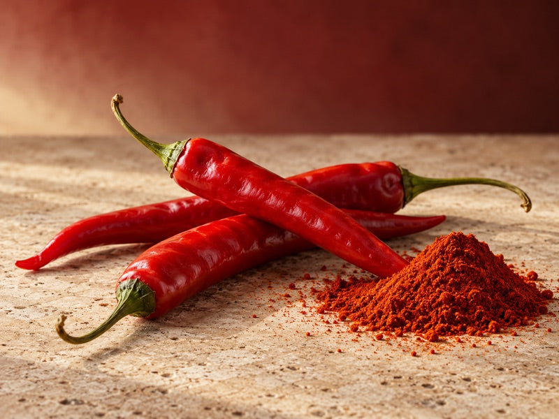 Cayenne peppers and cayenne powder on warm stone