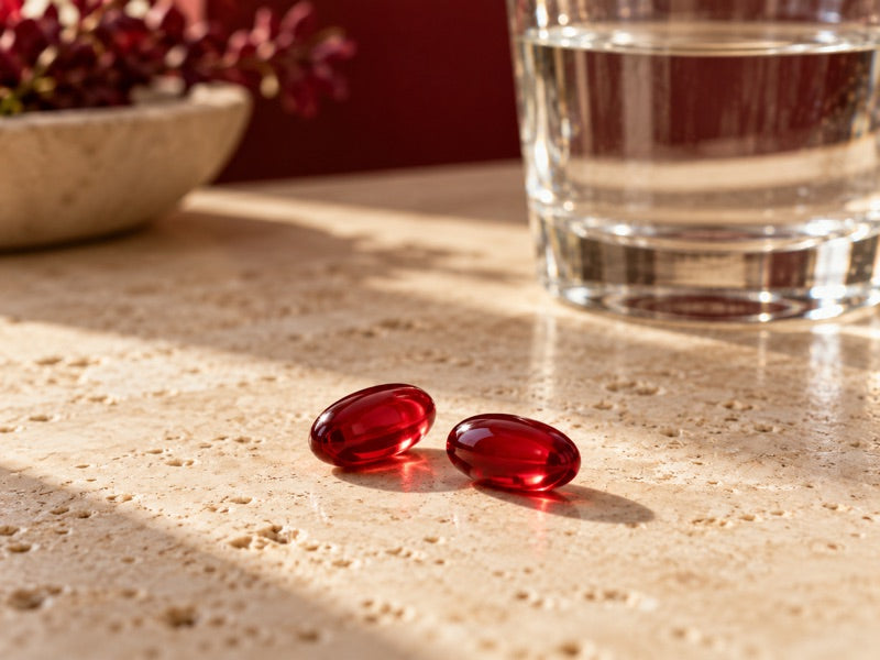 Two red softgels beside a glass of water; serving format illustration